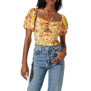 ASTR the Label Floral Puff Sleeve Halter Top in  Orange Lilac Floral size small